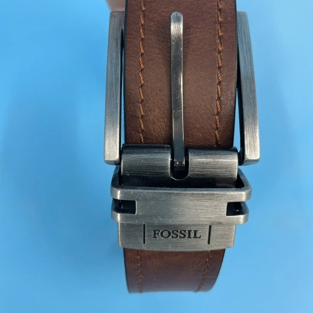 Fossil Mens Reversible Leather Belt Brown Black Silver Buckle Size‎ 38